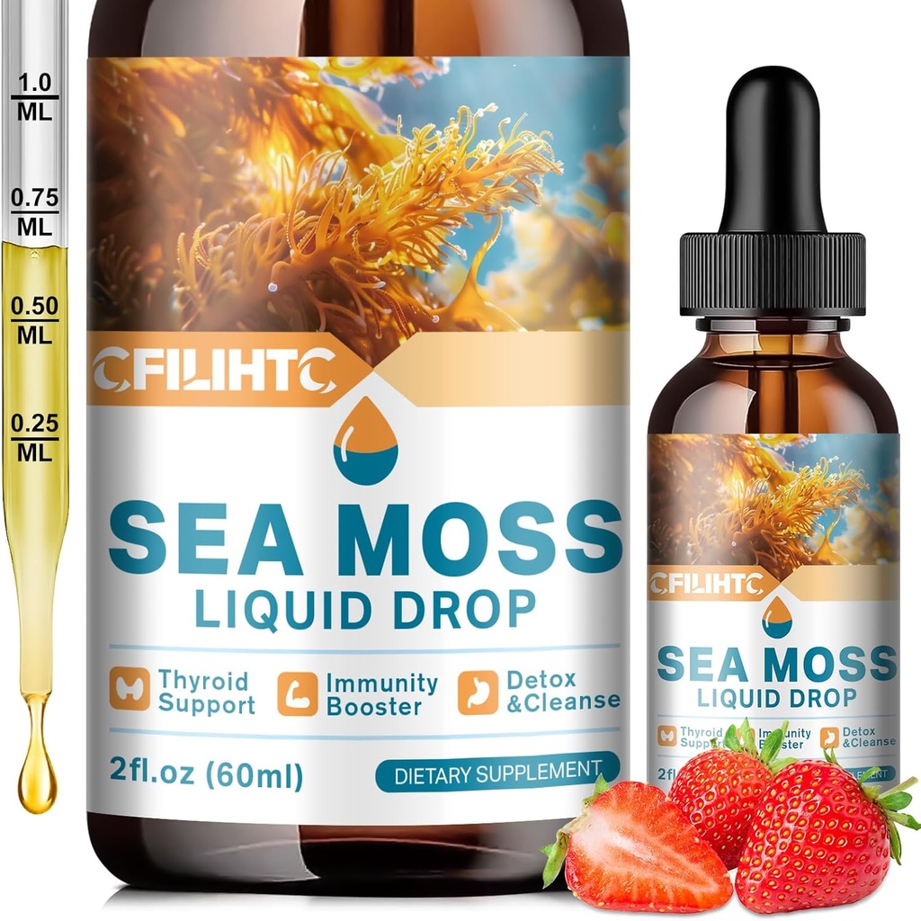 Sea Moss Liquid Drops Supplement, Irish Sea Moss with Sousop Black Elderberry Ashwagandha Burdock Root - Multivitamines Seamoss Liquid Drops Ondersteuning Antioxidant, Immune, Skin Gut Health, 2 Fl Oz