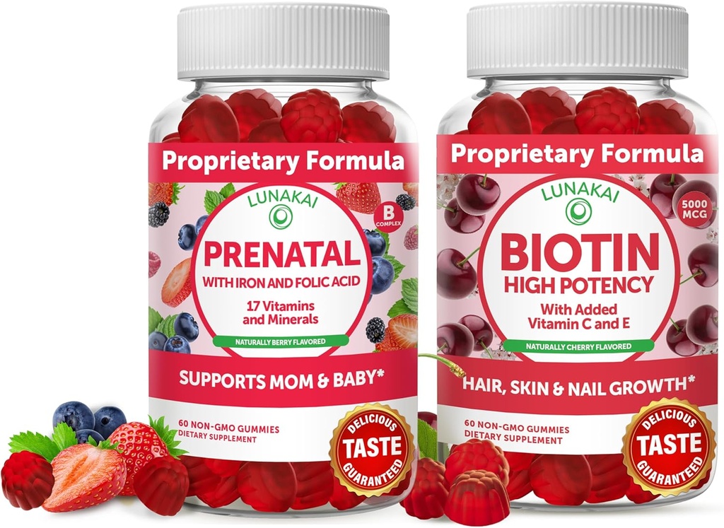 Lunakai Biotine en prenatale bundel - Hair Skin and Nails Growth Supplement met vitamine C en E - Zwangerschap Multivitamine Gummy met ijzer en foliumzuur - 30 dagen levering