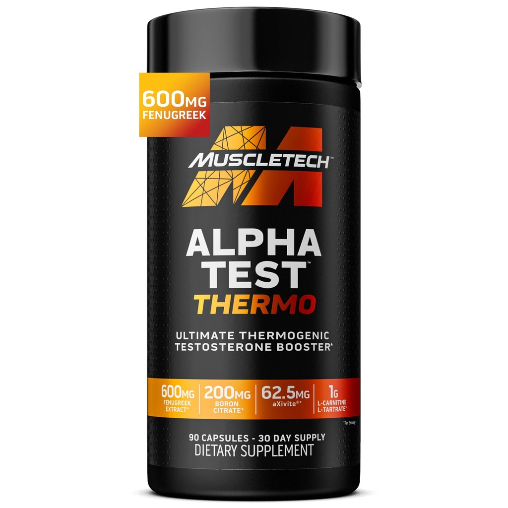 Booster de testostérone thermogénique MuscleTech pour les hommes, AlphaTest Thermo - Supplément homme T-Boost avec Tribulus Terrestris - Suppléments de gymnastique pour la croissance musculaire, l'endurance et l'énergie - 90 pilules