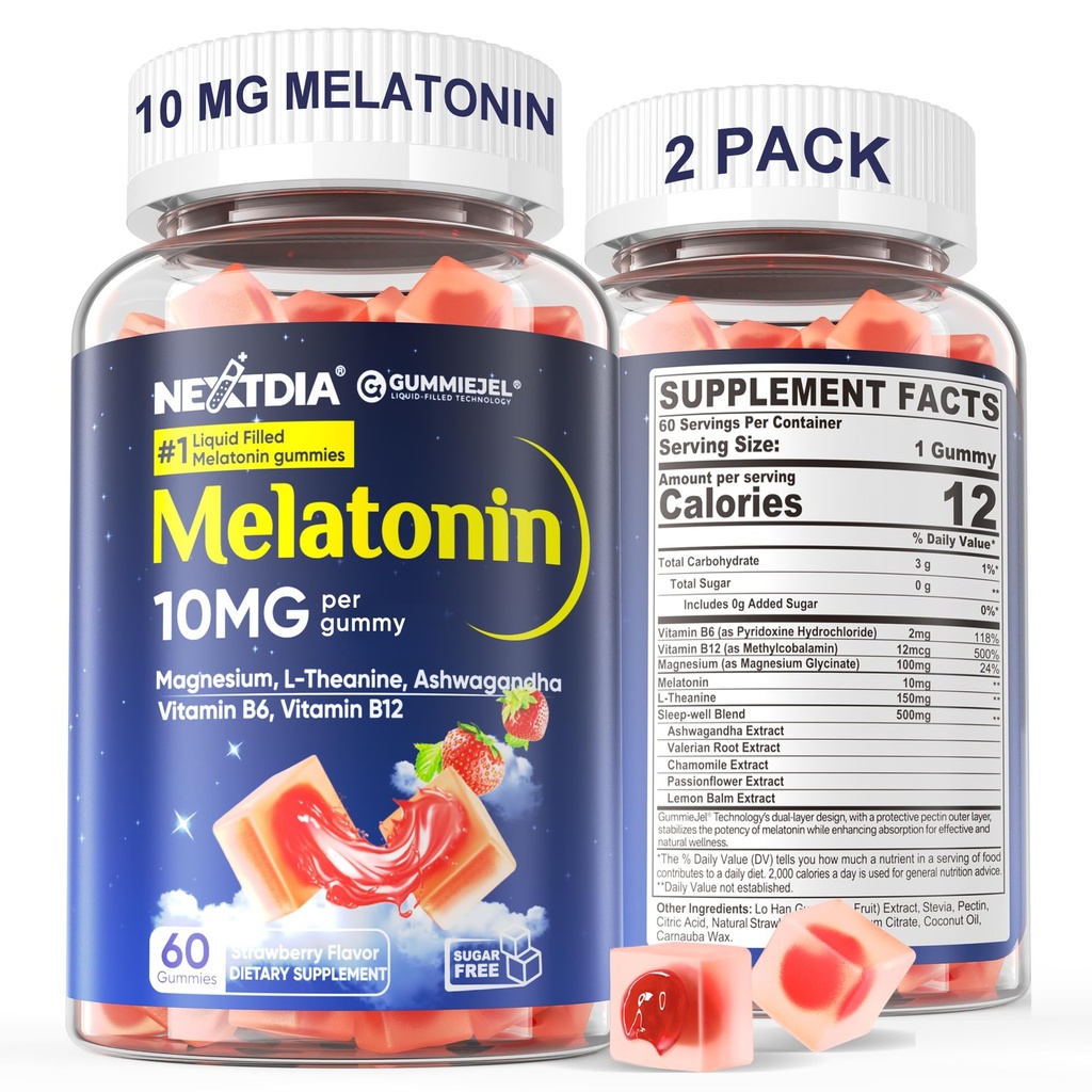 2 Pack Sugar Free Melatonine Gummies 10mg 20mg Magnesium Glycinate Melatonine voor volwassenen, Ashwagandha, L-Theanine, B6, B12, Citroenbalsem en kamille voor diepe ontspanning, Antioxidant, Veganistisch,120 Dag