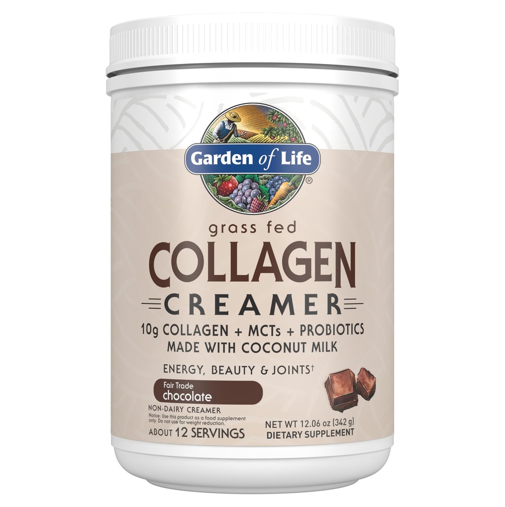 Garden of Life Grass Fed Collageen Creamer Powder - Chocolade, 12 porties, Poeder voor koffie Energie Beauty Joints, Collageen Peptiden met Coconut MCTs, Keto Proteïne Supplementen