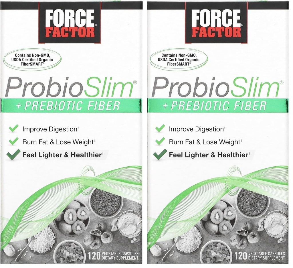 Facteur de force ProbioSlim + supplément de perte de poids de fibre prébiotique pour les femmes et les hommes, probiotique et prébiotique soutien de la santé digestive avec extrait de thé vert et fibre de musc de Psyllium, 120 capsules