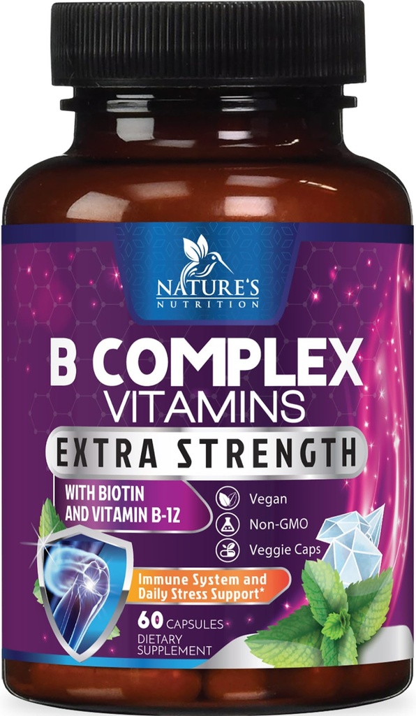 B Complex Vitaminen Capsules - met vitamine B12 B6 B100 C Biotin Folaat & Foliumzuur - Supplement voor hart, hersenen, & zenuwondersteuning - Super Complete B-complex voor Immune & Energy Ondersteuning - 60 capsules