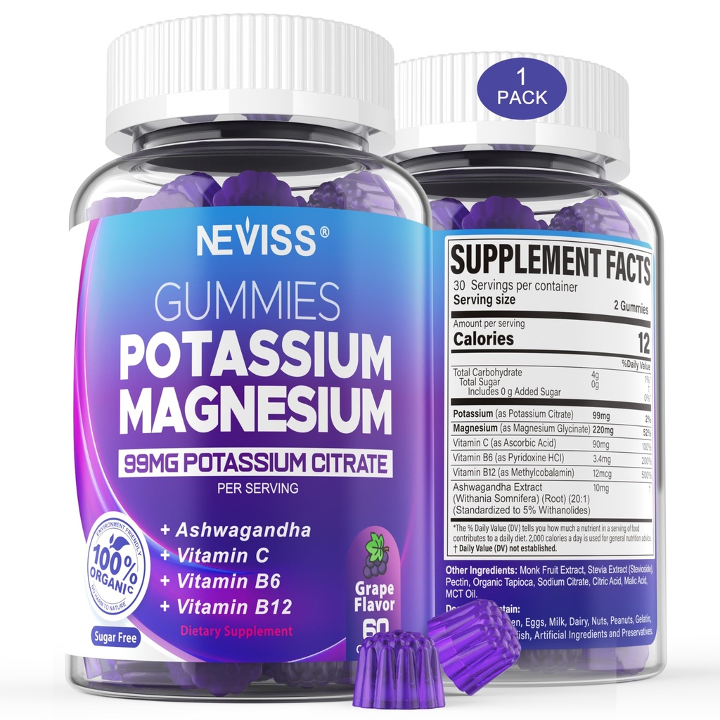 Gommies de magnésium de potassium - Supplément de potassium avec/Ashwagandha 200mg, Glycinat de magnésium,B6,B12,Citrate de P-otassium pour les crampes de jambe, Muscle,Electroyte pour les adultes enfants,Sans sucre,1Pack