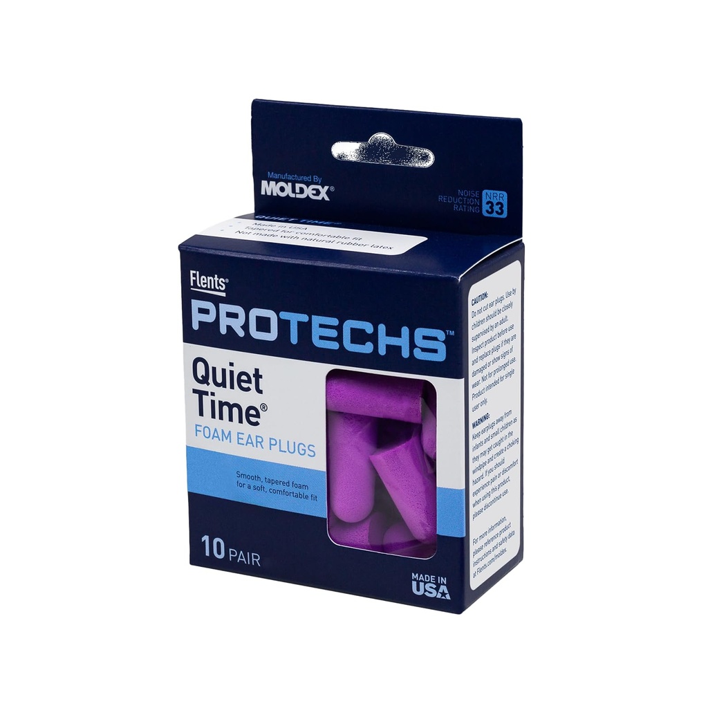 Flents Protechs Foam Ear Plugs, 10 Paar met koffer voor slapen, snurken, Luid geluid, Reizen, Concerten, Bouw, Studeren, Werk, Schieten, NRR 33, Paars, Wegwerpen, Made in the USA