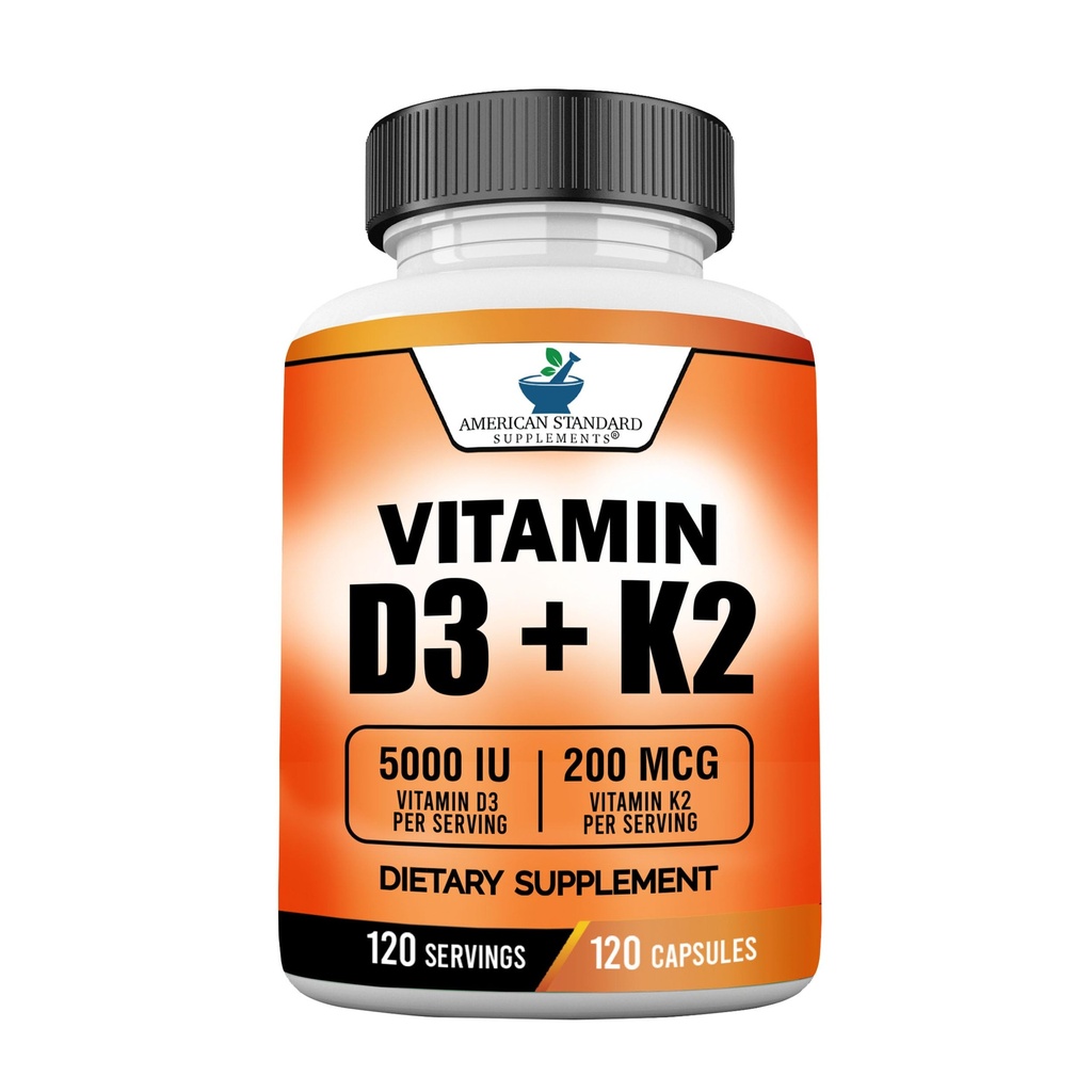 American Standard Supplements Vitamine D3 5000 IE (125mcg) Plus Vitamine K2 (MK7) 200mcg per capsule - Glutenvrij, Non-GMO, 120 capsules, 120 porties, 120 dagen