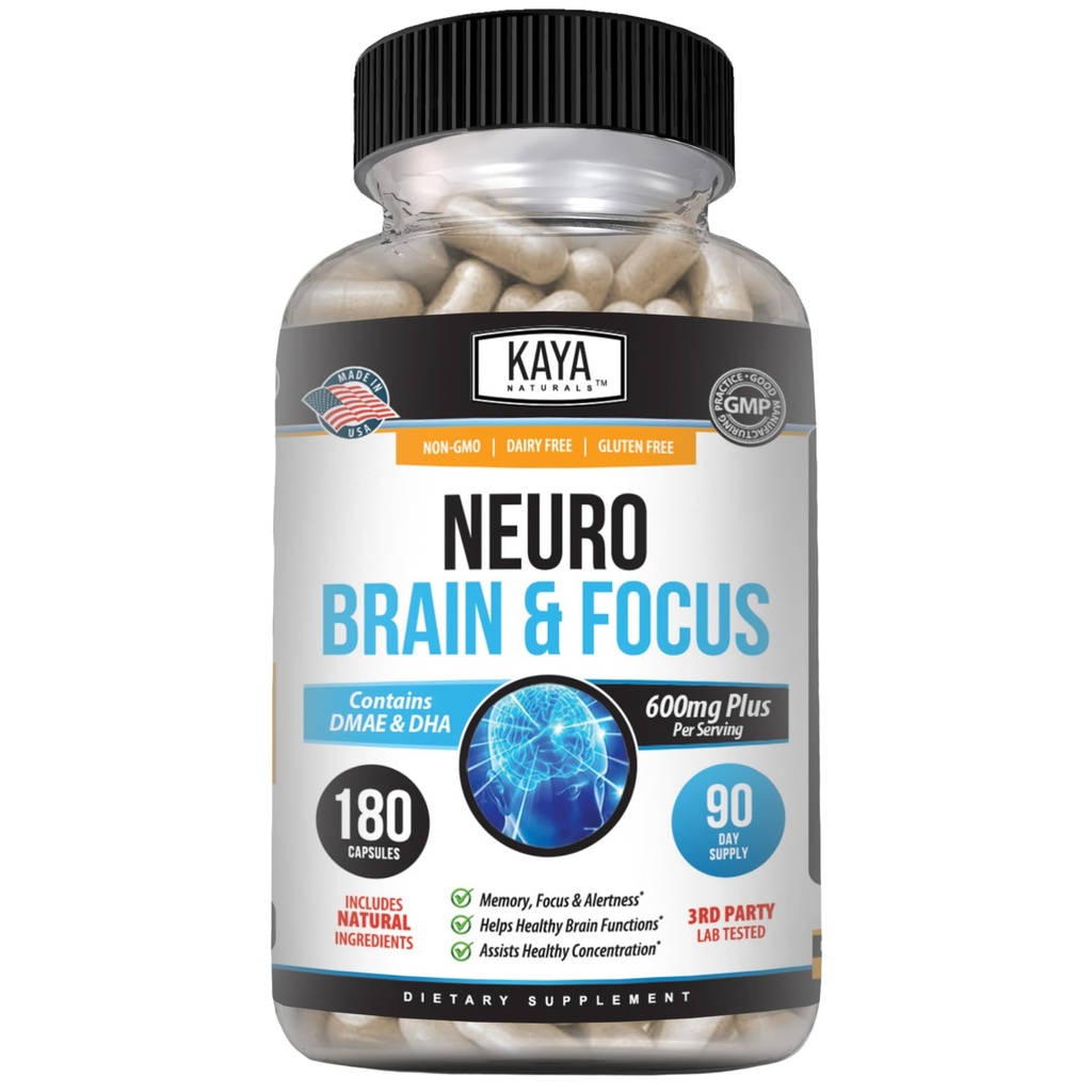 Kaya Naturals - Neuro Brain for Memory & Focus - Nootrope Energy Capsule - Nootrope Brain Support Supplement - Focus & Concentration & Learning Accuracy - Cognitieve functie - 180 Tel.