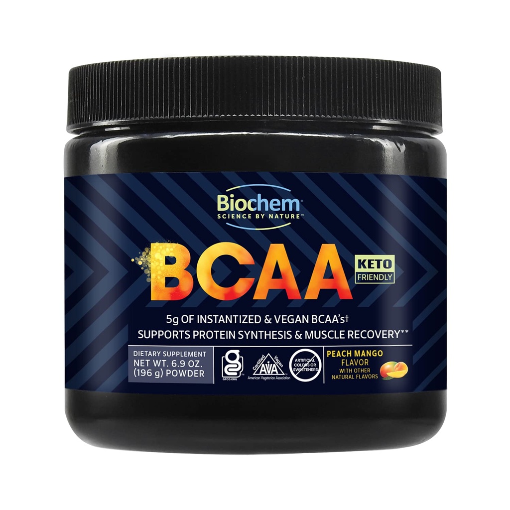 Biochem BCAA Powder Peach Mango 5g  Supplement voor Muscle Recovery, eiwitsynthese en hydratatie 