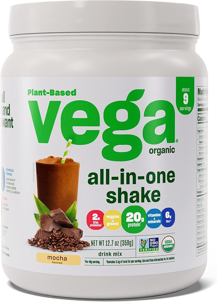 Vega Organic All-in-One Vegan Protein Powder Mocha (9 porties) Superfood Ingrediënten, Vitaminen voor Immunity Support, Keto Friendly, Pea Protein for Women & Men, 12.7oz (Packaging May Vary)