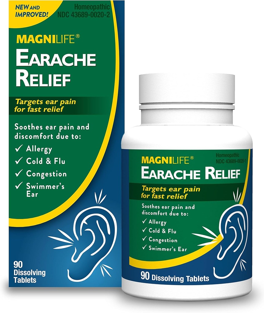 MagniLife Earache Relief, Snelwerkende Natuurlijke Relief voor Zwemmers Oor, Pijn en Ongemak van Allergieën, Koud en Griep - 90 Quick Solution Tablets