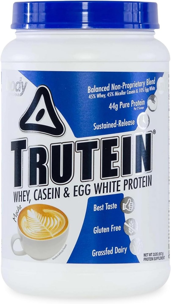 Body Nutrition Trutein High Protein Powder: 45% Wei, 45% Caseïne, 10% Egg White, Glutenvrij, Low Natrium, Grass Fed Wei Proteïne Poeder, Gym Supplement & Breakfast Shake, Mocha, 2lb