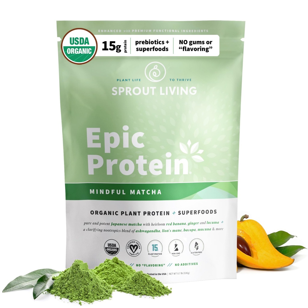 Sprout Living Epic Protein, Plant Based Protein & Superfoods Powder, Mindful Matcha 