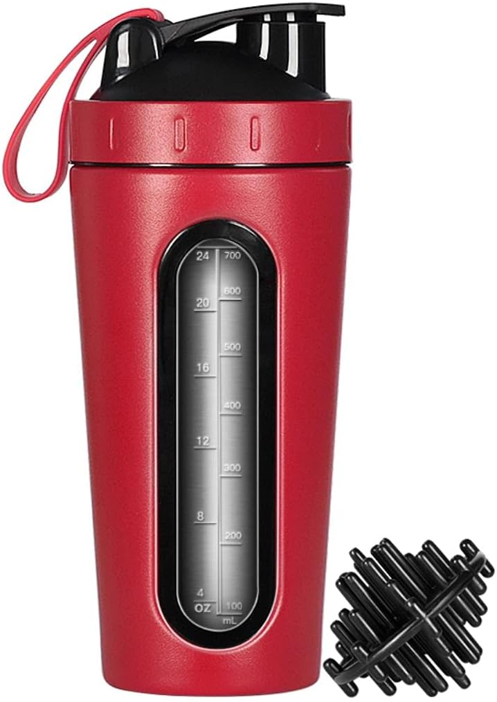 Protein Shaker Bottle, Stainless Steel Shaker Cup, Sports Mixer Water Bottle, Visible Window, Leak Proof, No BPA with Mixing Ball for Gym Fitness Workout, 28 Ounce, Red