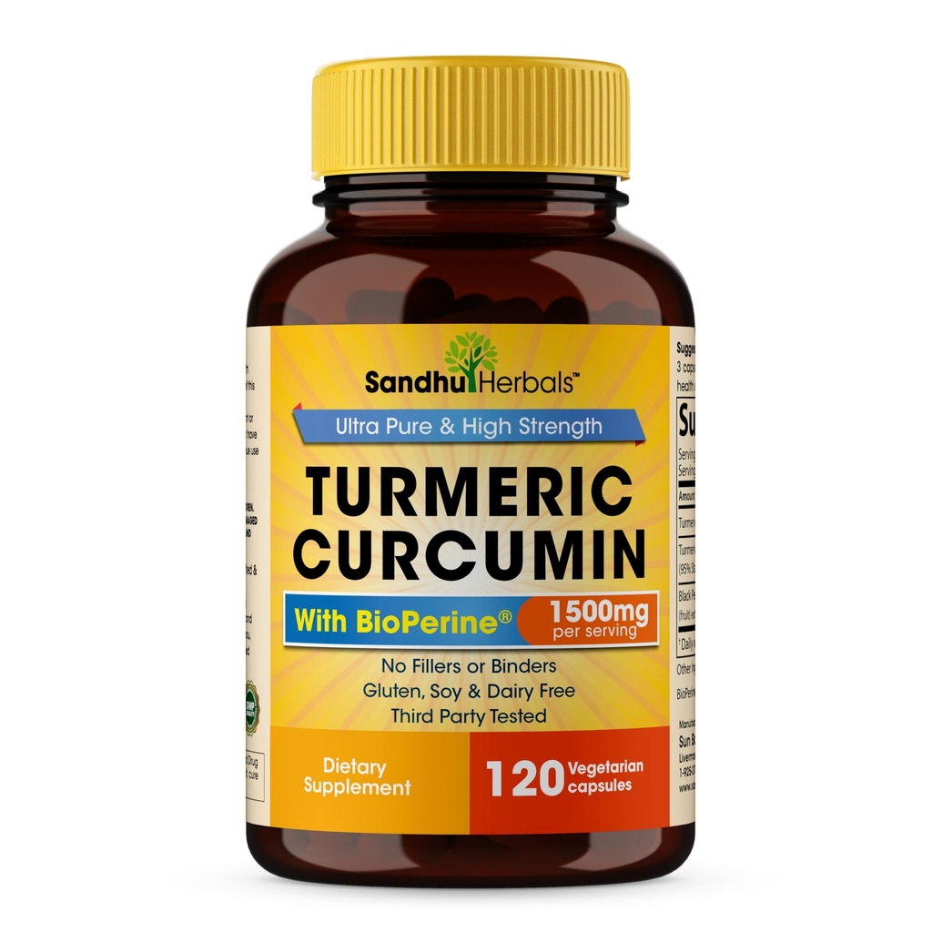 SANDHUHERBALS Organic Turmeric Curcumin 120 Capsules with Bioperine Black Pepper Extract Supplement | 1500mg with 95% Curcuminoids | Immune Support