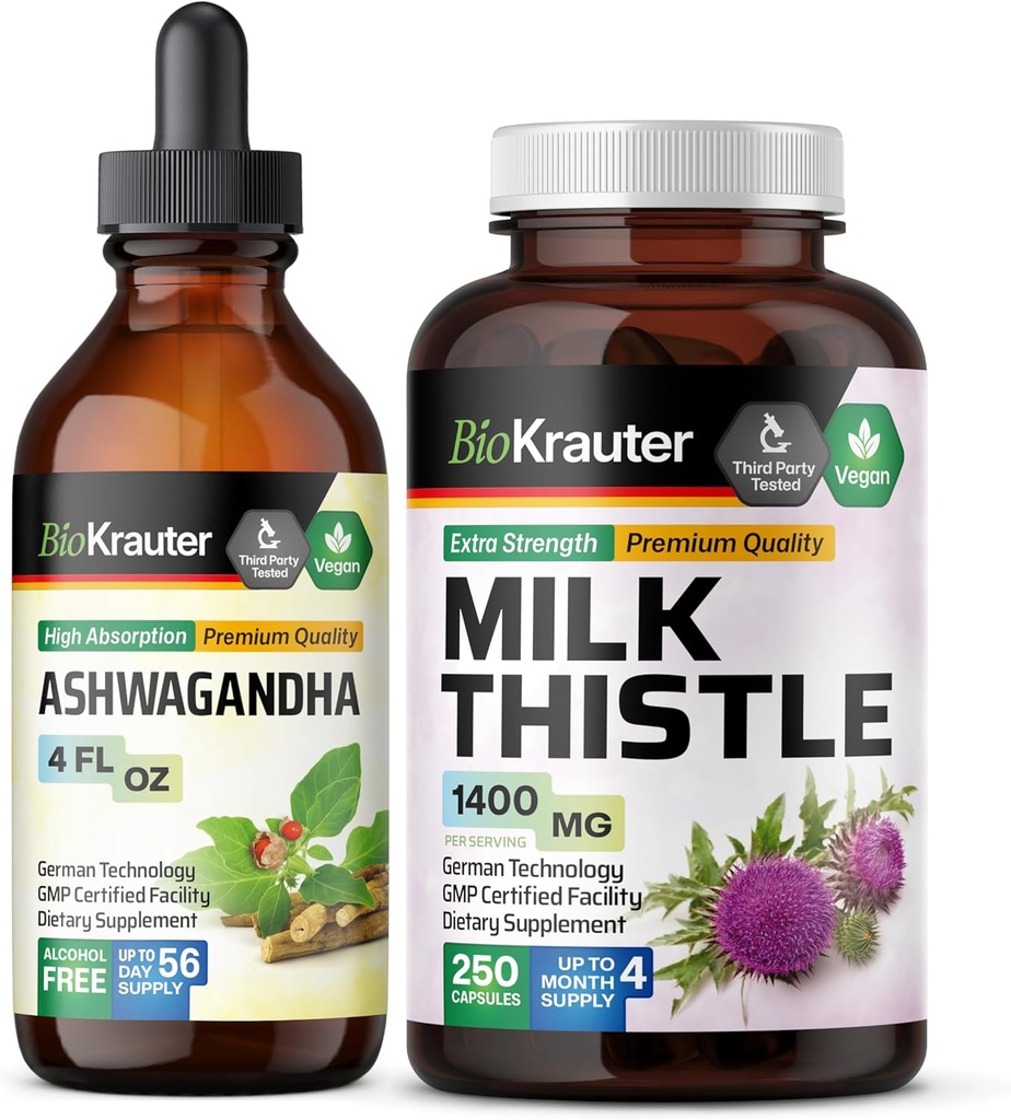 BIO KRAUTER Ashwagandha Tinctuur 4 Fl. Oz. & Milk Thistle 250 Capsules
