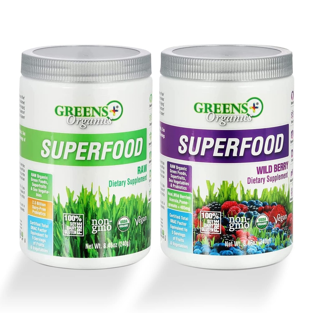 Greens+ poudre de superaliments biologiques, de superaliments crus et de poudre de baies sauvages, poudre de superaliments sans gluten, infusé avec des probiotiques, USDA biologique, ensemble (paquet de 2)