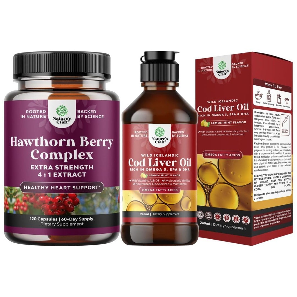 Ensemble d'extra force Hawthorn Berry Capsules Hawthorn Extrait Digestion et supplément santé cardiaque et huile de foie de morue islandaise liquide sauvage prise Nordic Omega 3 Huile de poisson liquide pour adultes et enfants