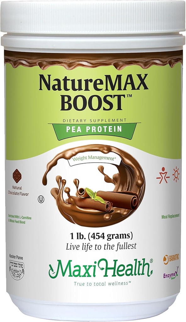 NatureMax BoostTM Pea Protein Powder - Energy Supplement Meal Replacement - 20g Proteine Per Serving - Natural Chocolate Flavor - Kosher Vitamine - 1lb.