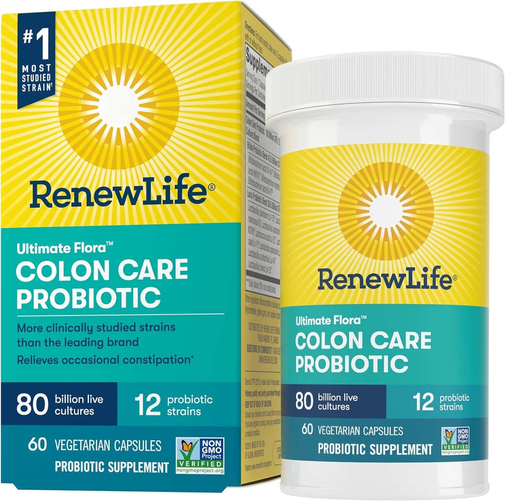 Renew Life Adult Colon Care Probiotic Supplement, Gluten, Zuivel en sojavrij, 80 miljard CFU per capsule, 60 capsules (Verpakking mei Vary)