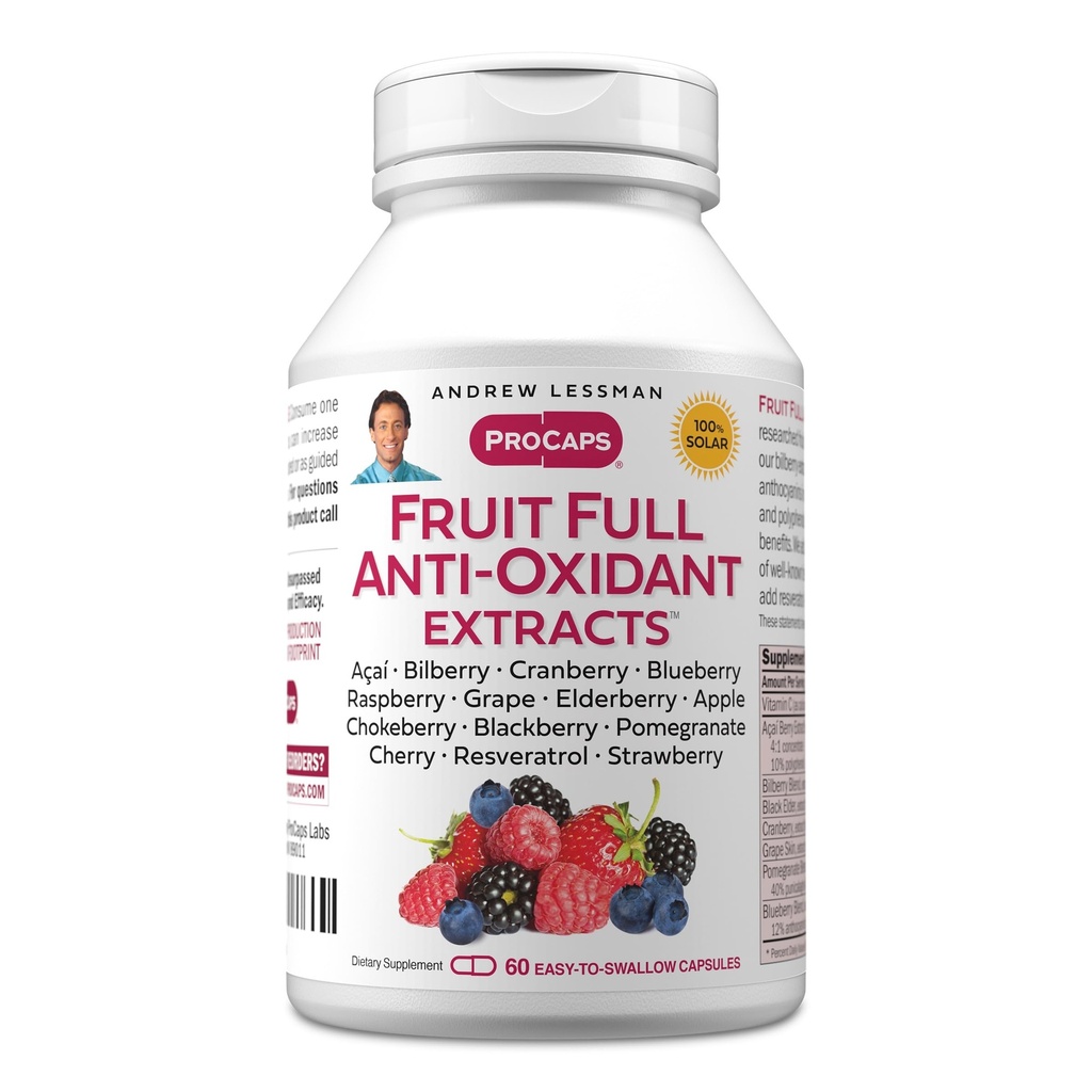ANDREW LESSMAN Fruit Volledige Anti-Oxidant Extract 60 Capsules - 14 Natuurlijke Fruit en Bessen Extracten. Blauwe bosbes, Cranberry, Grape Seed, Granaatappel, Resveratrol, en meer. Gemakkelijk te slikken Capsules