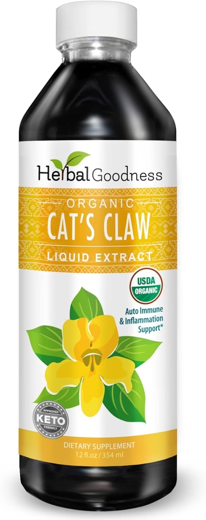 Cat's Claw Liquid Extract - Supplément à base de plantes pour boost digestif, soutien articulaire/musculaire, immunité, soutien cardiaque- Supérieur Absorption-Organic 12oz -23 Servants/Bottes -Fabriqué aux États-Unis -Bonneté Herbal