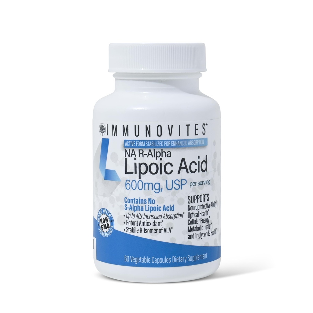 IMMUNOVITES gestabiliseerd R-Alfa Lipoïnezuur ((True)) 600 mg per portie [[Hoge potentie & tot 40x verhoogde absorptie]] (Na R-ALA) (Na R-LA) (Na R-Lipate) (1 fles)