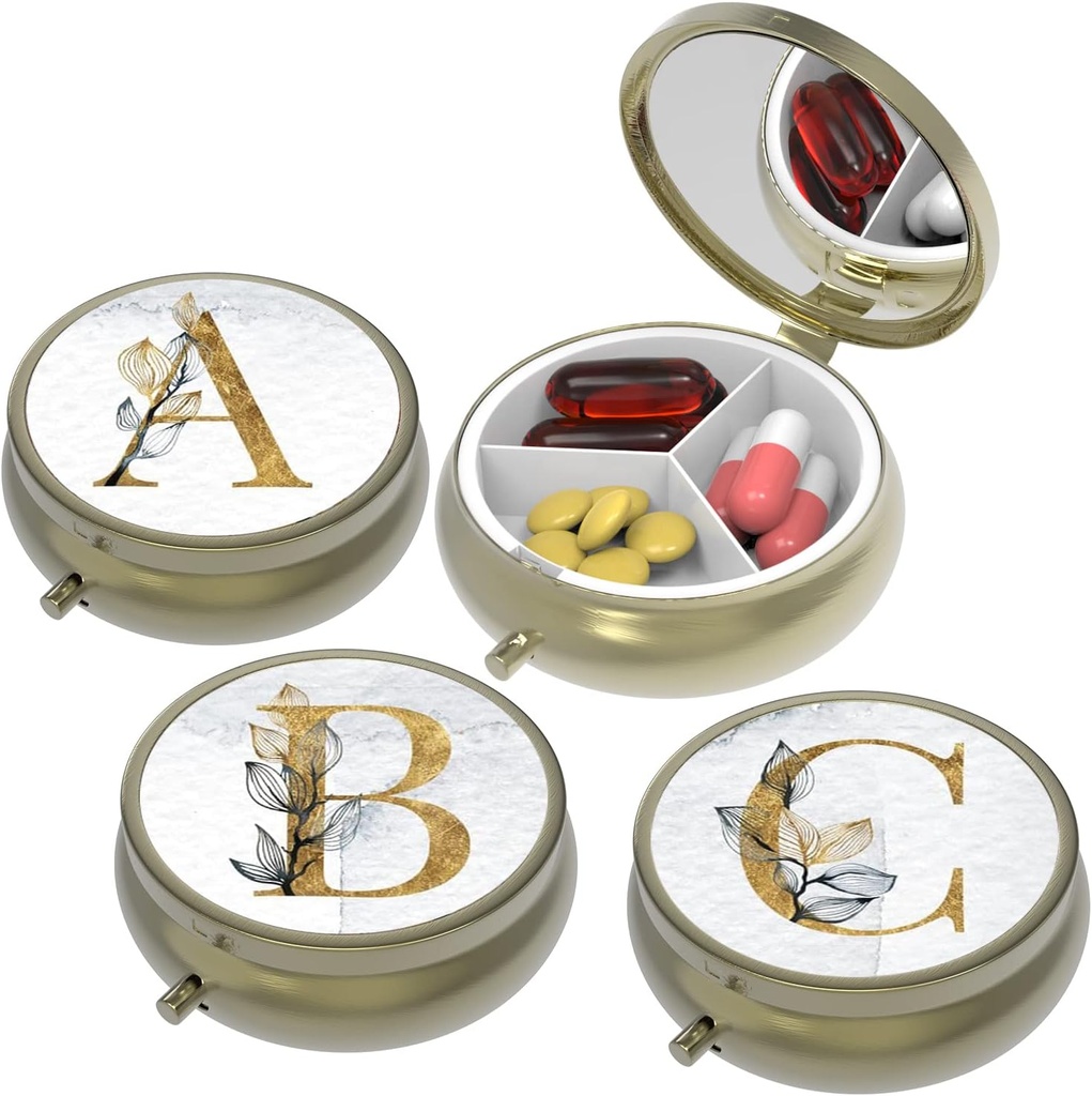 Kleine pil Box,Pill Case voor Purse&Pocket,3 Compartments Travel Pill Case Medication Organizer Opslag voor Vitaminen, Pillen, Visolie en oorbellen, Studs, Bronze-3Round(ABC)