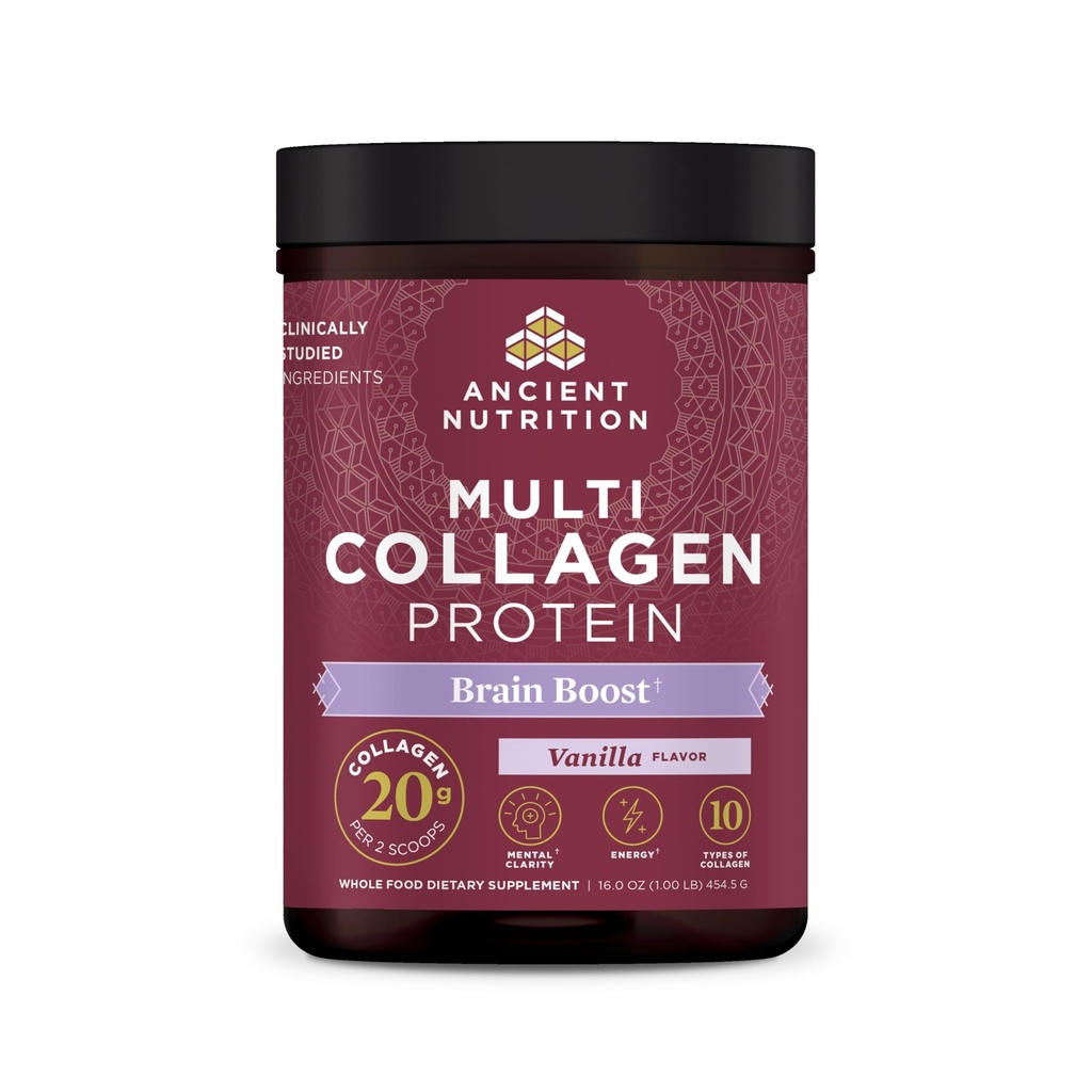 Ancient Nutrition Collagen Powder Protein, Multi Collagen Protein, Hydrolysed Collagen Peptides soutient la peau et les ongles, supplément articulaire (Brain Boost, 45 portions)