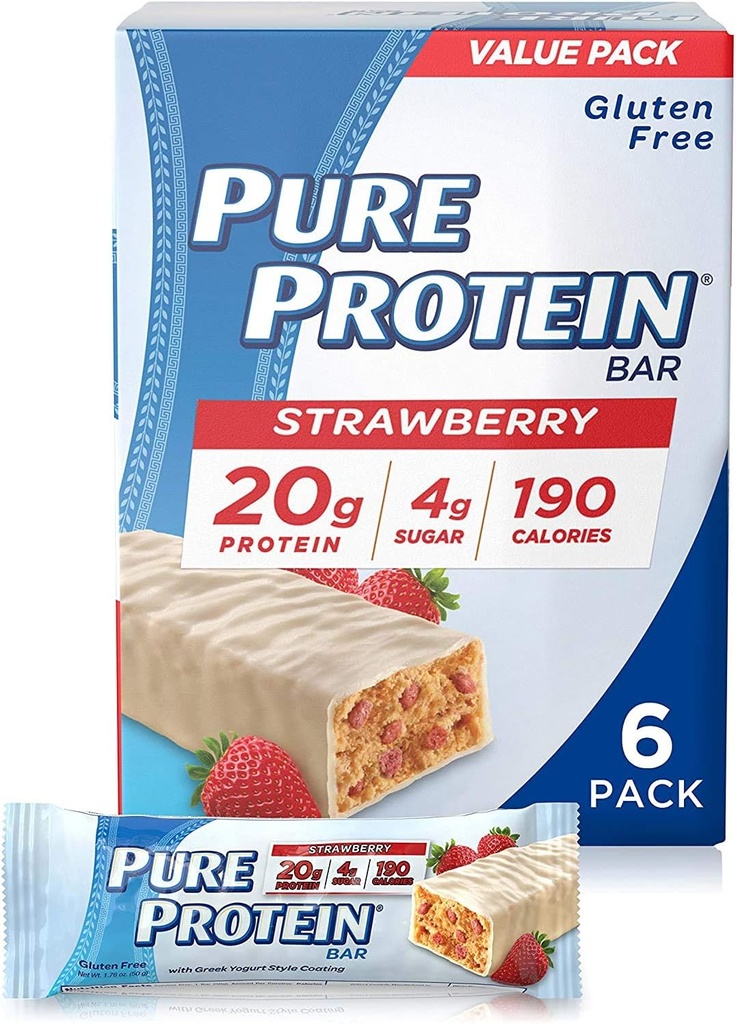 Pure Protein Bars, Hoge Proteïne, Nutrische Snacks ter ondersteuning van energie, lage suiker, Glutenvrij, Aardbei Griekse yoghurt, 1.76oz, 6 Pack