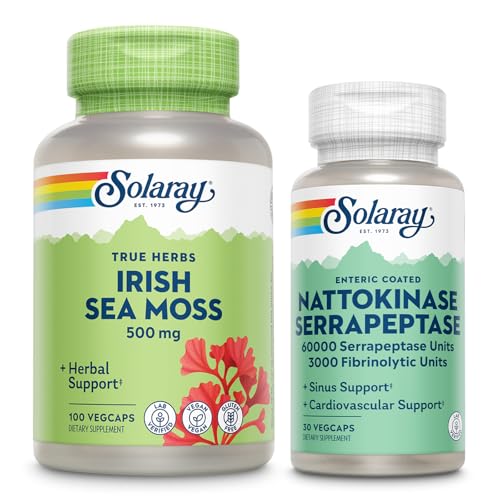 SOLARAY Irish Sea Moss 500mg en Nattokinase Serrapeptase Supplement - Wellness Bundle met natuurlijk voorkomende vitamines, mineralen - Gut Health, Sinus, Heart Health Support, 60-dagen garantie, 100/30ct