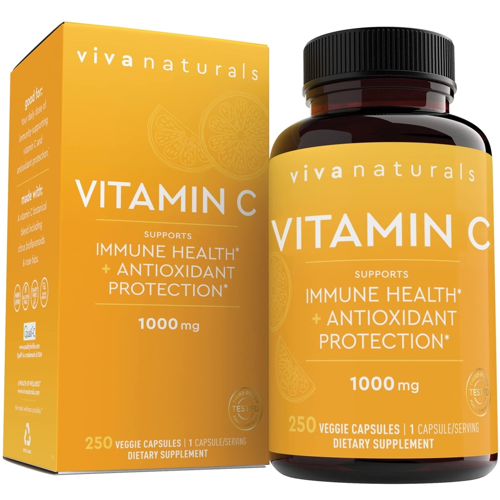 Viva Naturals Vitamine C, 1000 mg, 250 Capsules végétariennes – avec Citrus Bioflavonoïdes & Rose HIPS, non-OGM pour le soutien immunitaire et la protection antioxydante