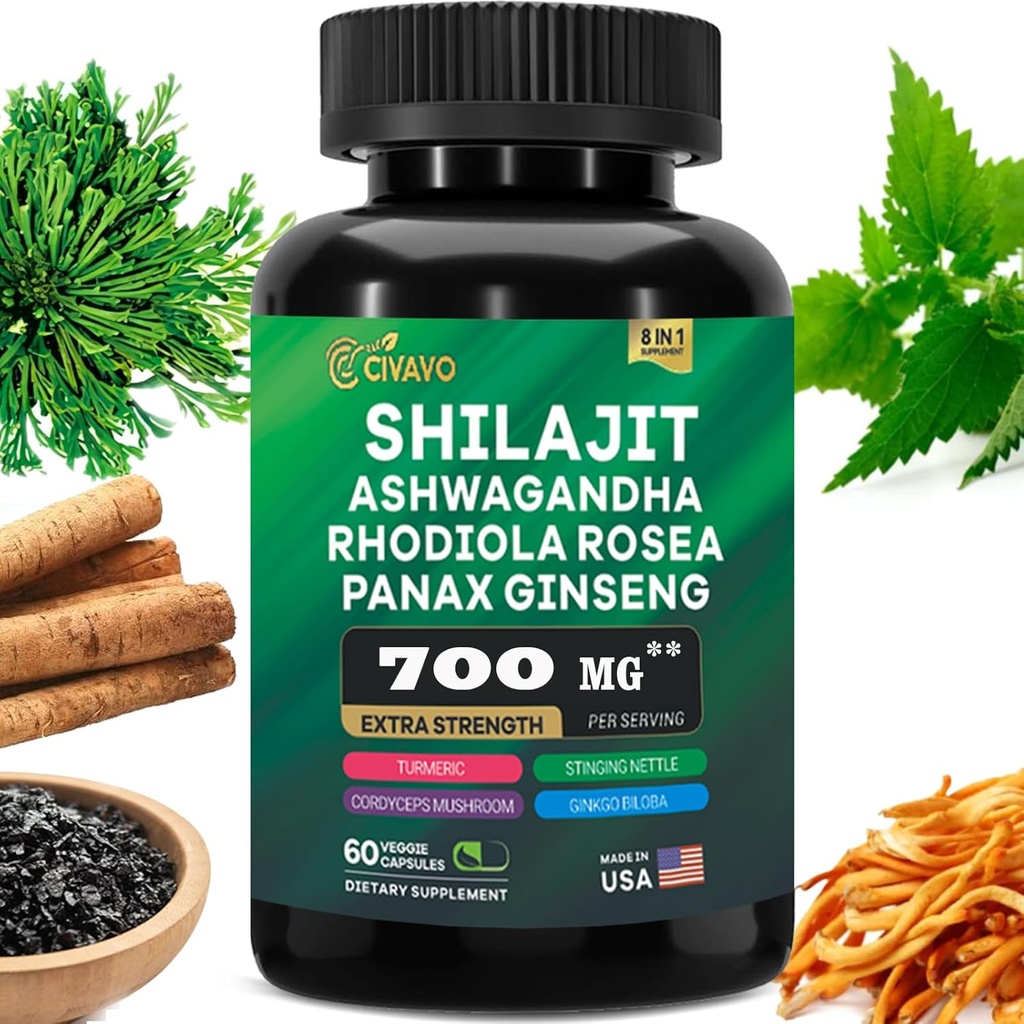 Shilajit Pure Himalayan 9000MG, Ashwagandha 2000MG, Rhodiola Rosea 1000MG, Panax Ginseng 1500MG, Turmeric 500MG, Gingko Biloba 500MG, Stinging Nettle 250MG, Cordyceps Mushroom 500MG