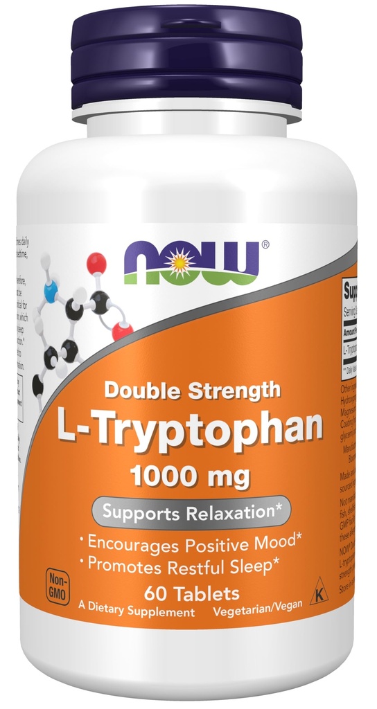 NU voedingssupplementen, L-Tryptofaan 1000 mg, dubbele sterkte, stimuleert positieve stemming*, ondersteunt ontspanning*, 60 tabletten