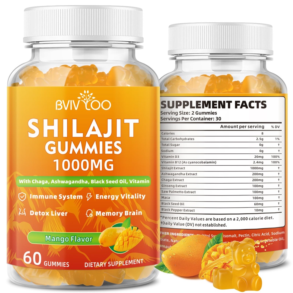 Shilajit Gummies 1000mg sans sucre - Supplément Shilajit pour les hommes et les femmes - Haute en 85+ Trace Minerals & Fulvic Acid - Énergie, Cerveau, Immunité - 60 Gummies