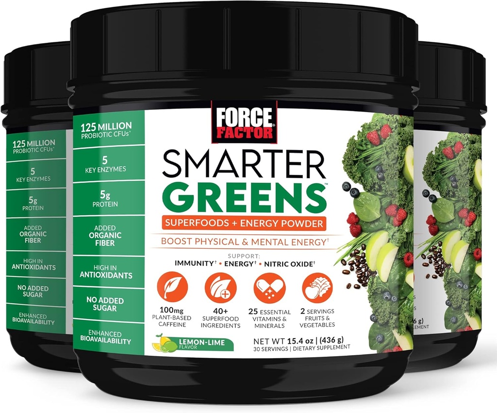 FORCE FACTOR Smarter Greens Superfoods + Energy Powder to Boost Energy & Support Digestie, Gut Health, Bloating, Greens Powder with Digestief Enzymes, Probiotica & Prebiotica, Lemon Lime, 90 Servers