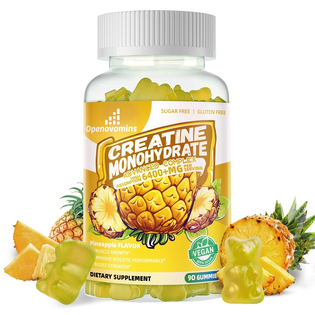 Creatine Monohydraat Gummies Complex for Men & Women - Advanced Formula W/L-Taurine + Vitamine B12, Sugar Free Chewable Supplement,90 Ananas Gummies