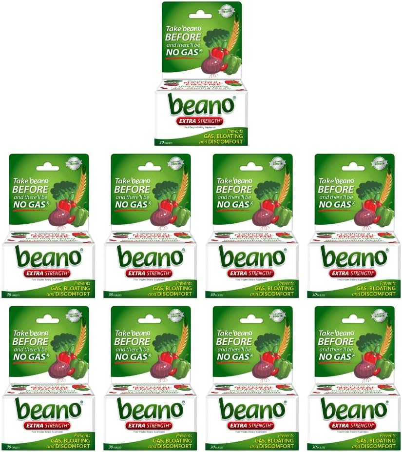 Beano Extra sterkte, Digestief Enzyme Supplement, Voorkomt Gas, Opgeblazen en Ongemak (Verpakking mei Vary) 30 Tellen Elk (Pack van 9)