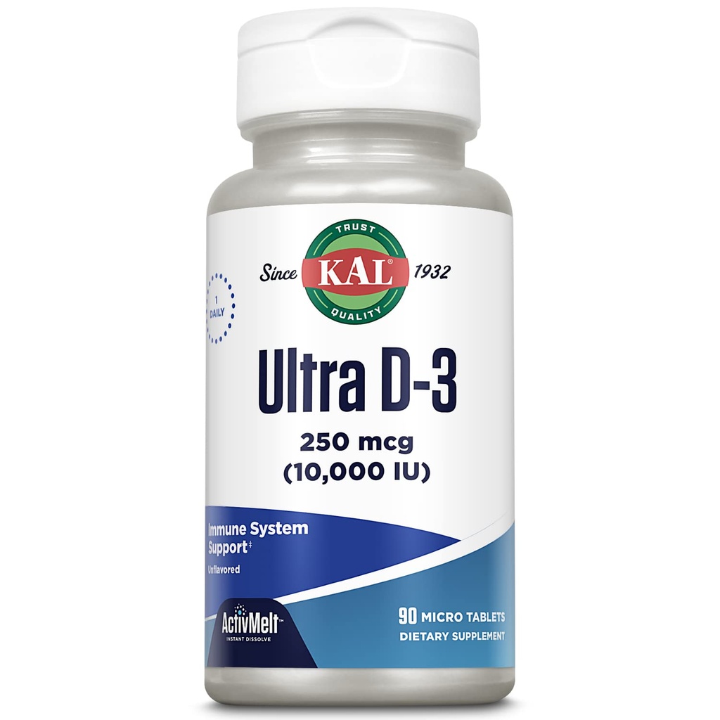 KAL Ultra Vitamine D3 250 mcg (10000 UI), Vitamine D haute puissance, Absorption de calcium, Supplément de soutien osseux et immunitaire, Dissolve instantanée, ActivMelt non aromatisé, 90 portions, 90 micro comprimés
