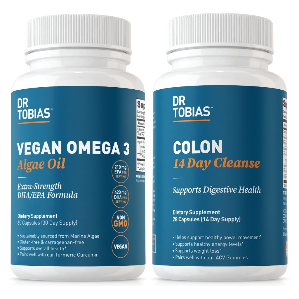 Dr. Tobias Vegan Omega 3 Algenolie en Colon 14 dagen reiniging voor verbeterde spijsvertering, Gut & Immune Ondersteuning en algemene gezondheid