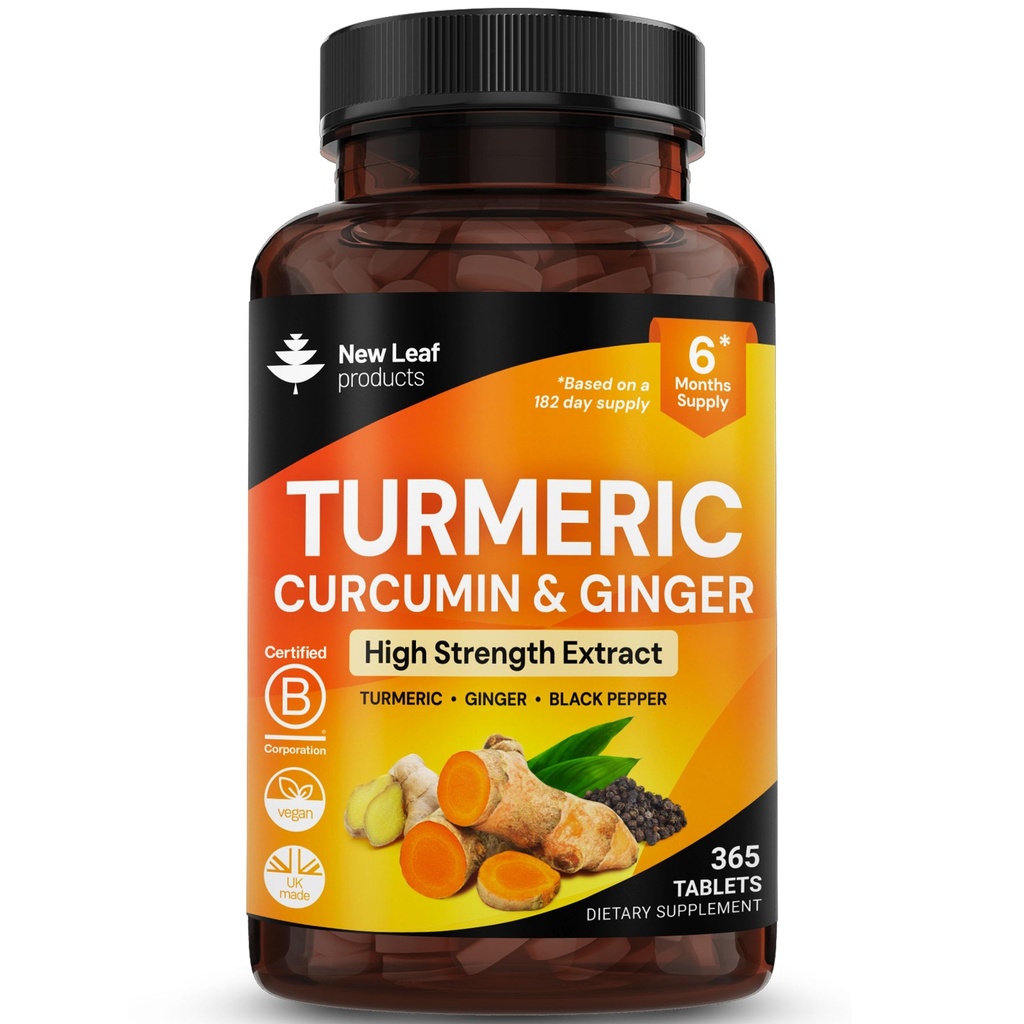 Comprimés curmériques - Extrait haute résistance avec poivre noir et gingembre (365 comprimés) Suppléments curcumin curmériques actifs à 95 %, végétalien, GMP, sans gluten OGM, Royaume-Uni Fabriqué par New Leaf