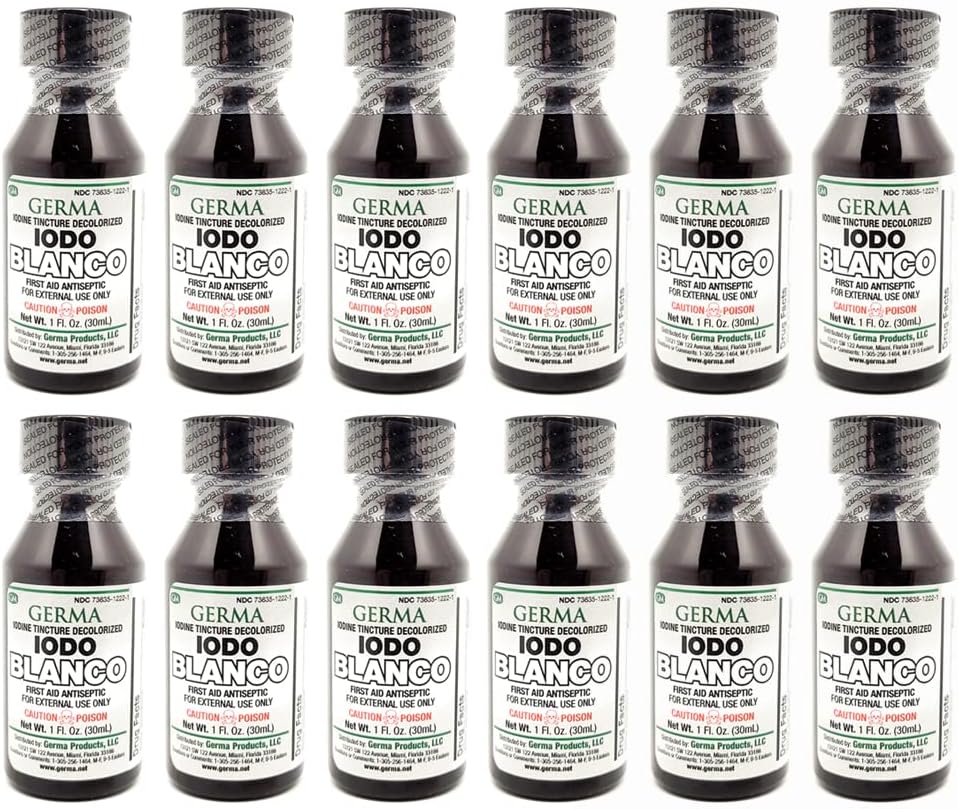 Germa White Jodium Tinctuur. Eerste hulp Antiseptisch. voor kleine scrapes, Cuts, Bruises en Burns. Voorkomt huidinfectie. 1 oz. Verpakking van 12