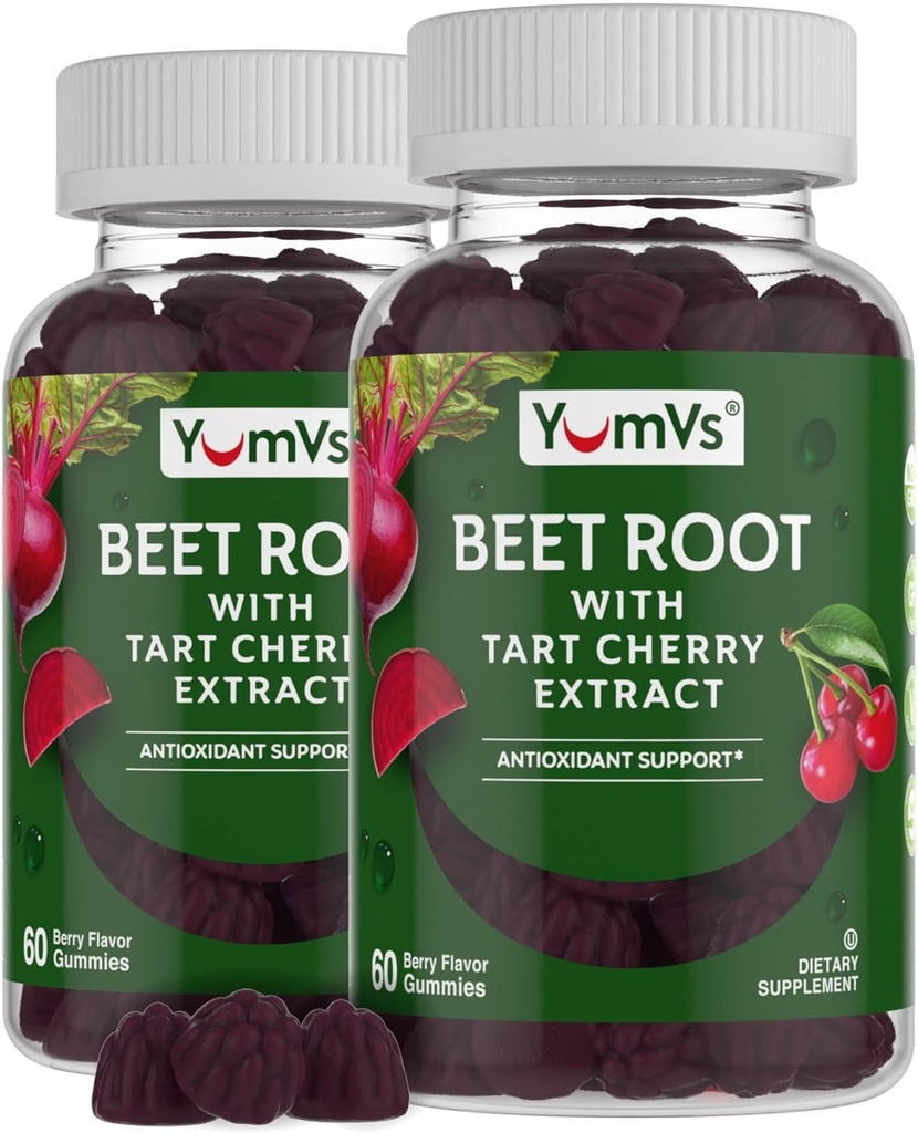 YUM-V's Beetwortel Gummies met Tart Cherry Extract - Berry Flavor Beetwortel Gummies - Beet Kauwen voor bloedcirculatie en antioxidant ondersteuning - Rode bieten Gummies Berry 60 Tellen (pakket van 2)