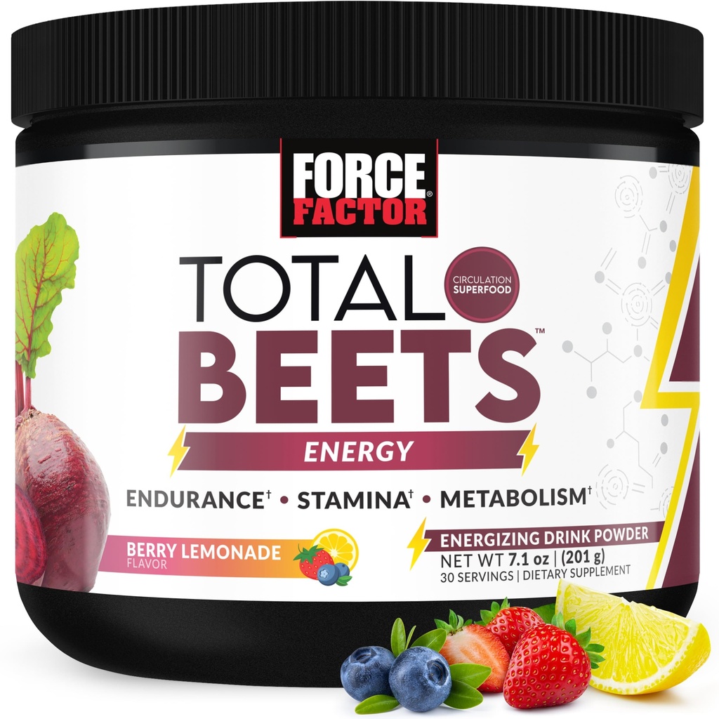 FORCE FACTOR Total Beets Beetwortelpoeder met energie, NO3-T® Nitraten ter ondersteuning van circulatie, bloeddruk, bloedstroom en uithoudingsvermogen - Plus Green Tea Extract. Een Superfood Supplement, 30 porties