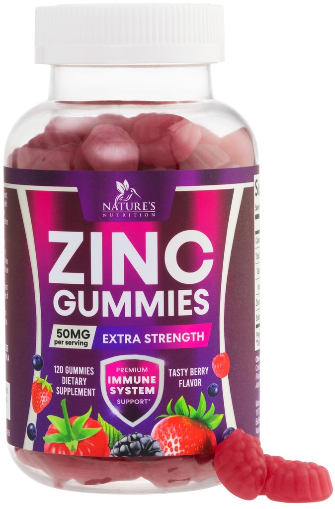 Zink Gummies 50mg - Bone Skin & Immune Support Health Gummy & Premium Antioxidant Kauwbaar voor volwassenen - Hoge Absorptie Veganistisch, Glutenvrije Zinksupplementen Vitamine - Smakelijke Berry Smaak - 120 Gummies