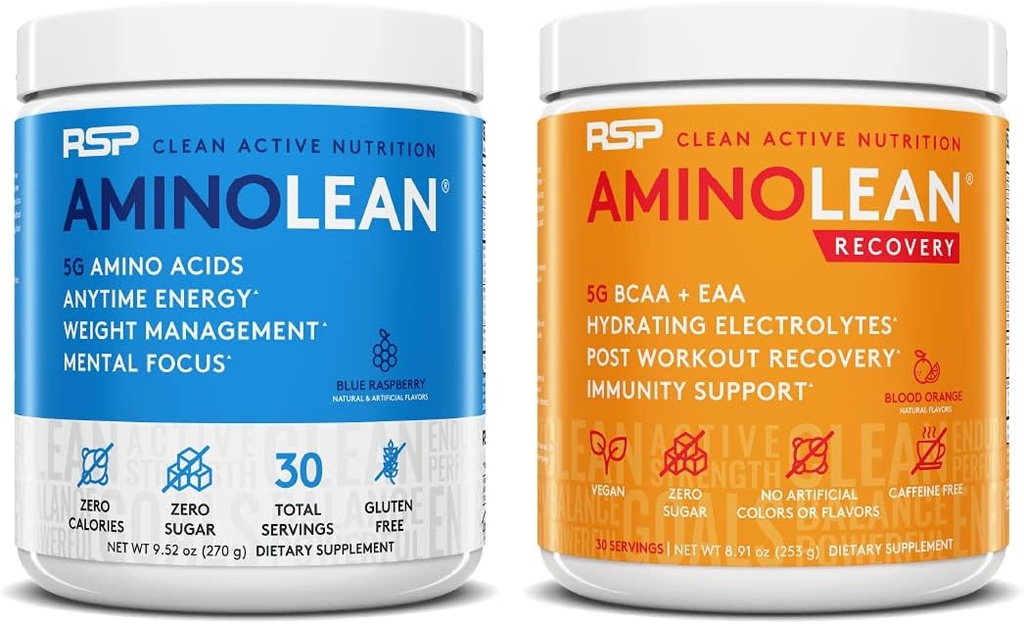 RSP NUTRITION AminoLean Pre Workout Energy (Blue Raspberry 30 Serves) met AminoLean Recovery Post Workout Boost (Blood Orange 30 Servers)