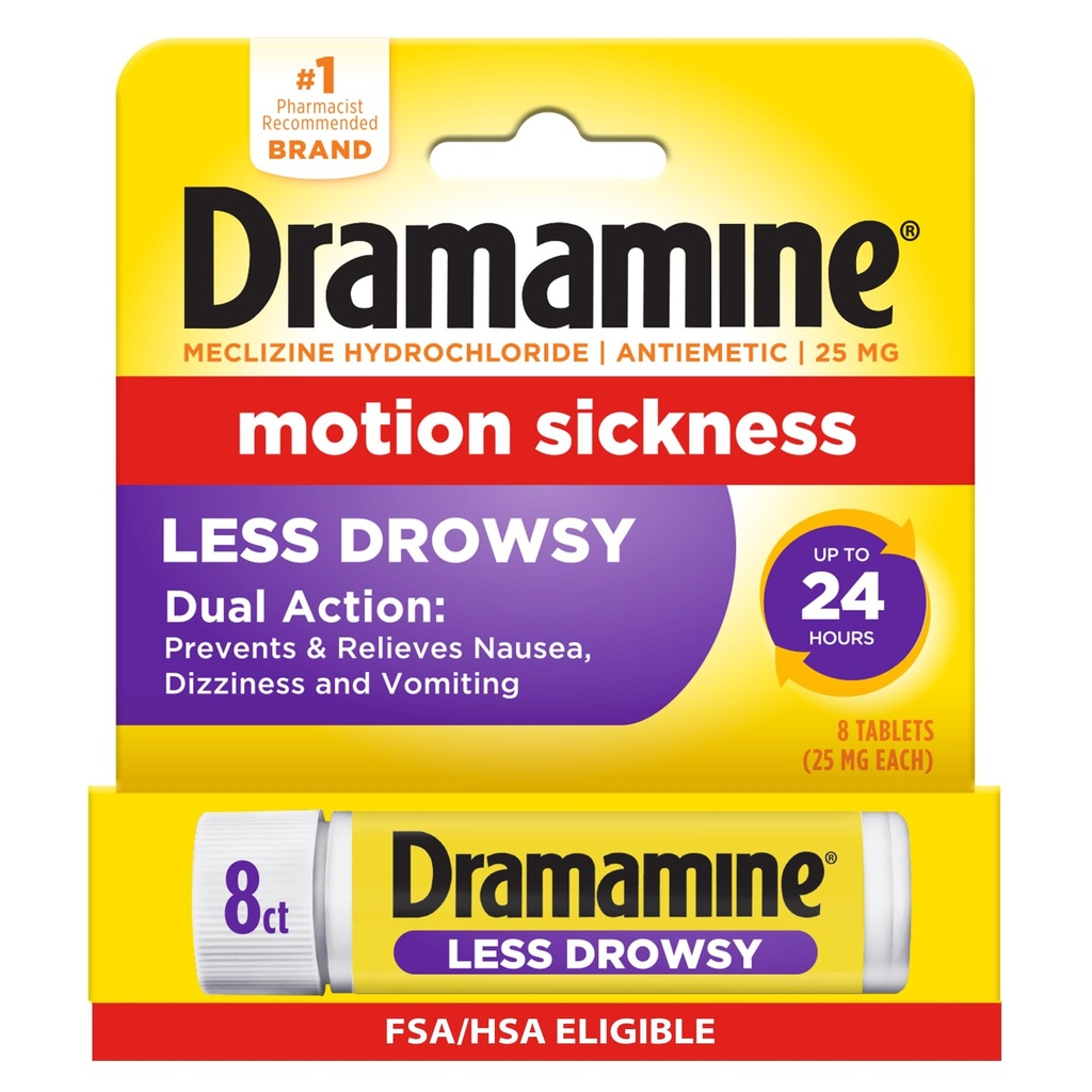 Dramamine Beweging Ziekte Minder Drowsy, Reisinjectieflacon, Multicolor, 8 Tellen