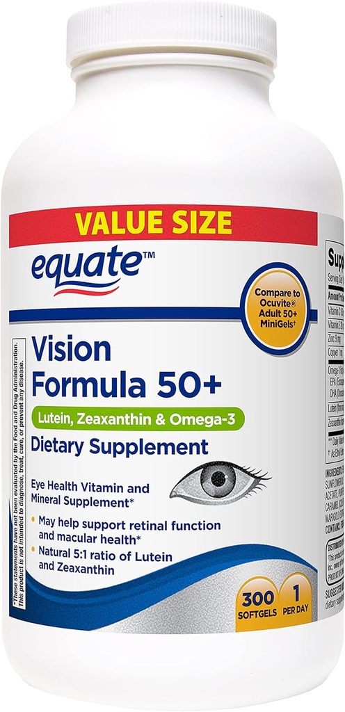 Equate Vision Formula 50+ Lutein, Zeaxanthin & Omega-3, 300 Softgels