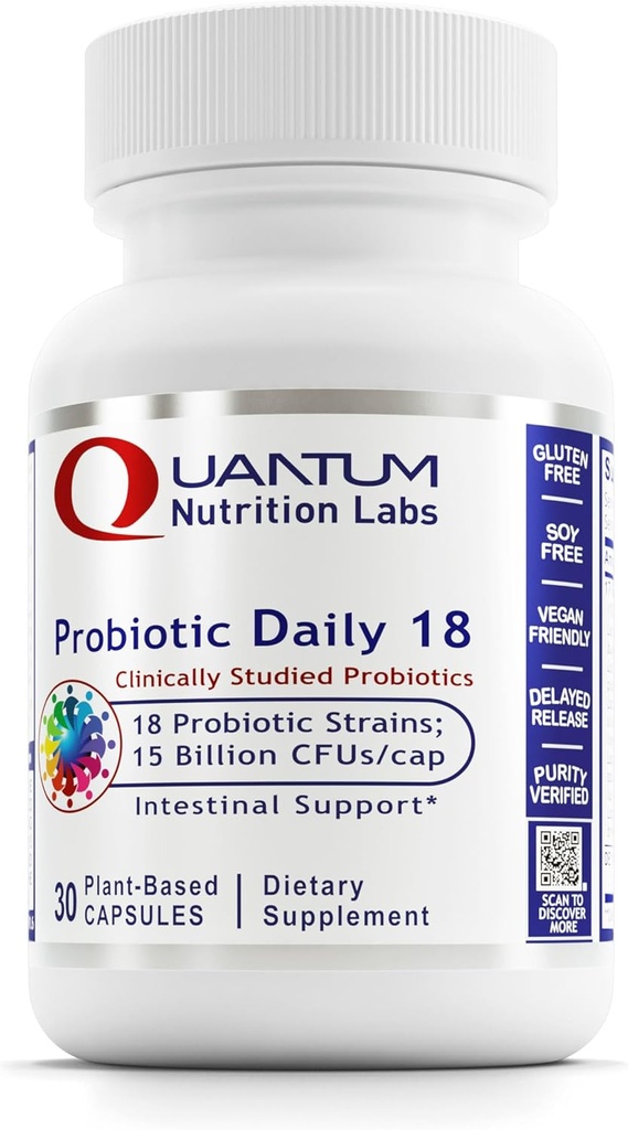 Quantum Nutrition Labs Probiotic Daily 18 - Probiotica voor de spijsvertering van de gezondheid, Probiotica voor vrouwen en mannen met Lactobacillus Acidophilus, Reuteri voor gezonde Gut Microbiome - 30 Vegetarische Capsules