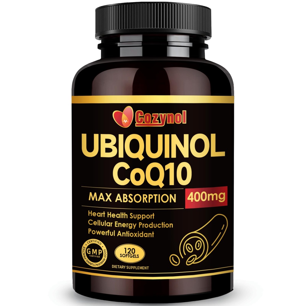 Ubiquinol CoQ10 400mg Softgels avec vitamine E et oméga-3, Coenzyme d'absorption maximale Q10, puissant antioxydant, soutient la santé cardiaque et la production d'énergie, 120 Compte, non-OGM