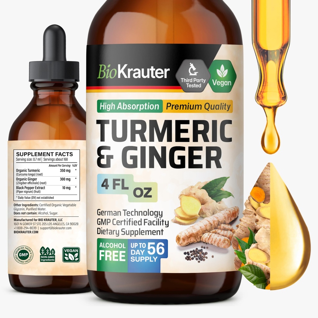 BIO KRAUTER® Kurkuma en Gember - Pure Vegan Liquid Turmeric & Gember Tinctuur met Pepper 4 Fl.Oz 56 Dagen van levering - Curcumine Drops voor gezamenlijke ondersteuning, Antioxidant & Immuun Ondersteuning